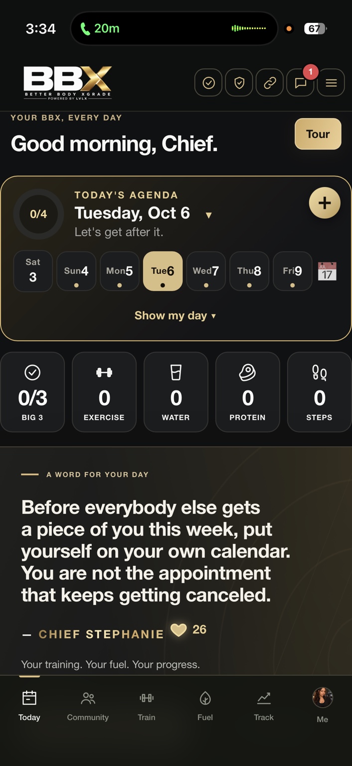 The real BBX app showing its daily agenda, exercise, water, protein and step trackers