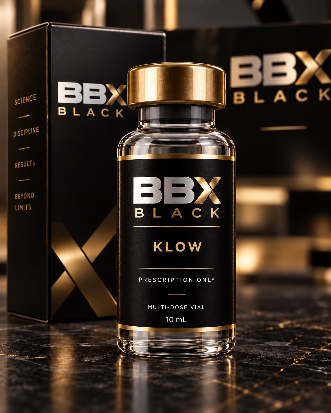 BBX Black KLOW vial with its gold cap, black label, and matching packaging