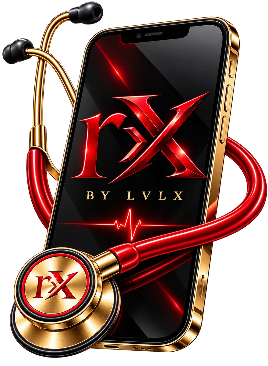 A cellphone displaying the rX By LVLX logo beside a red and gold stethoscope